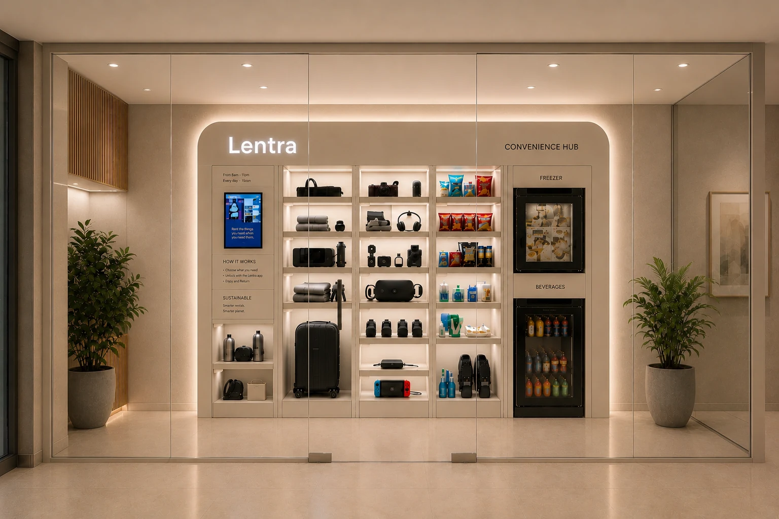 A Lentra convenience hub built into a lit recess behind full-height glass, with a touchscreen, lit display bays and a freezer and beverage cabinet on the right