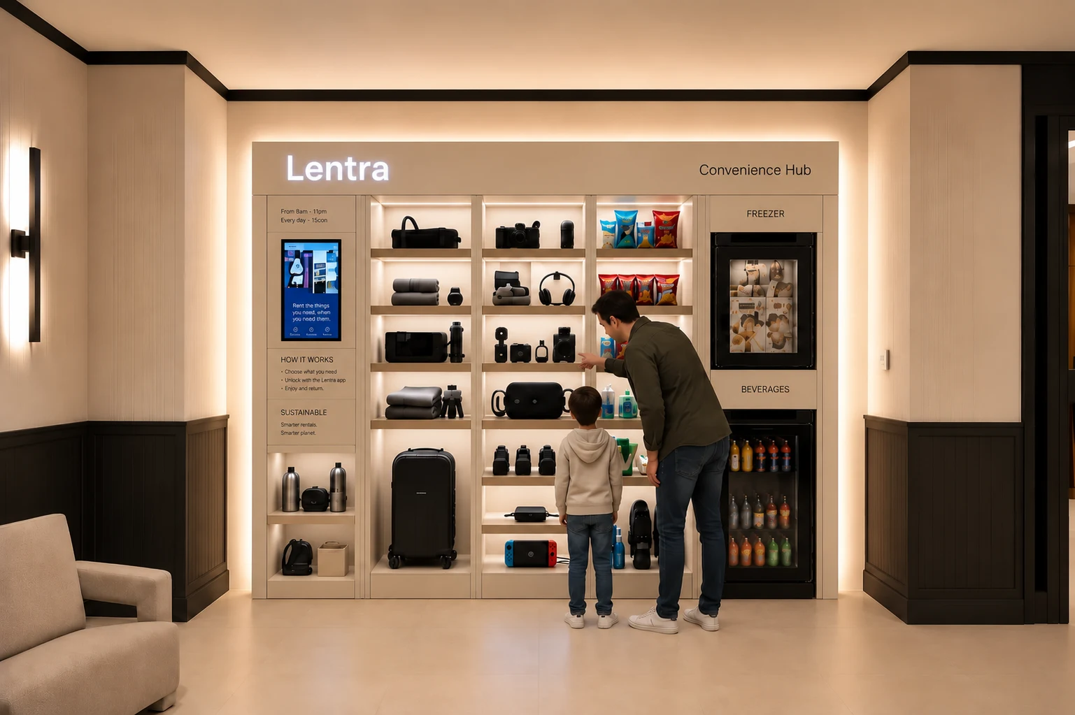 Residents using a Lentra convenience hub in a lobby