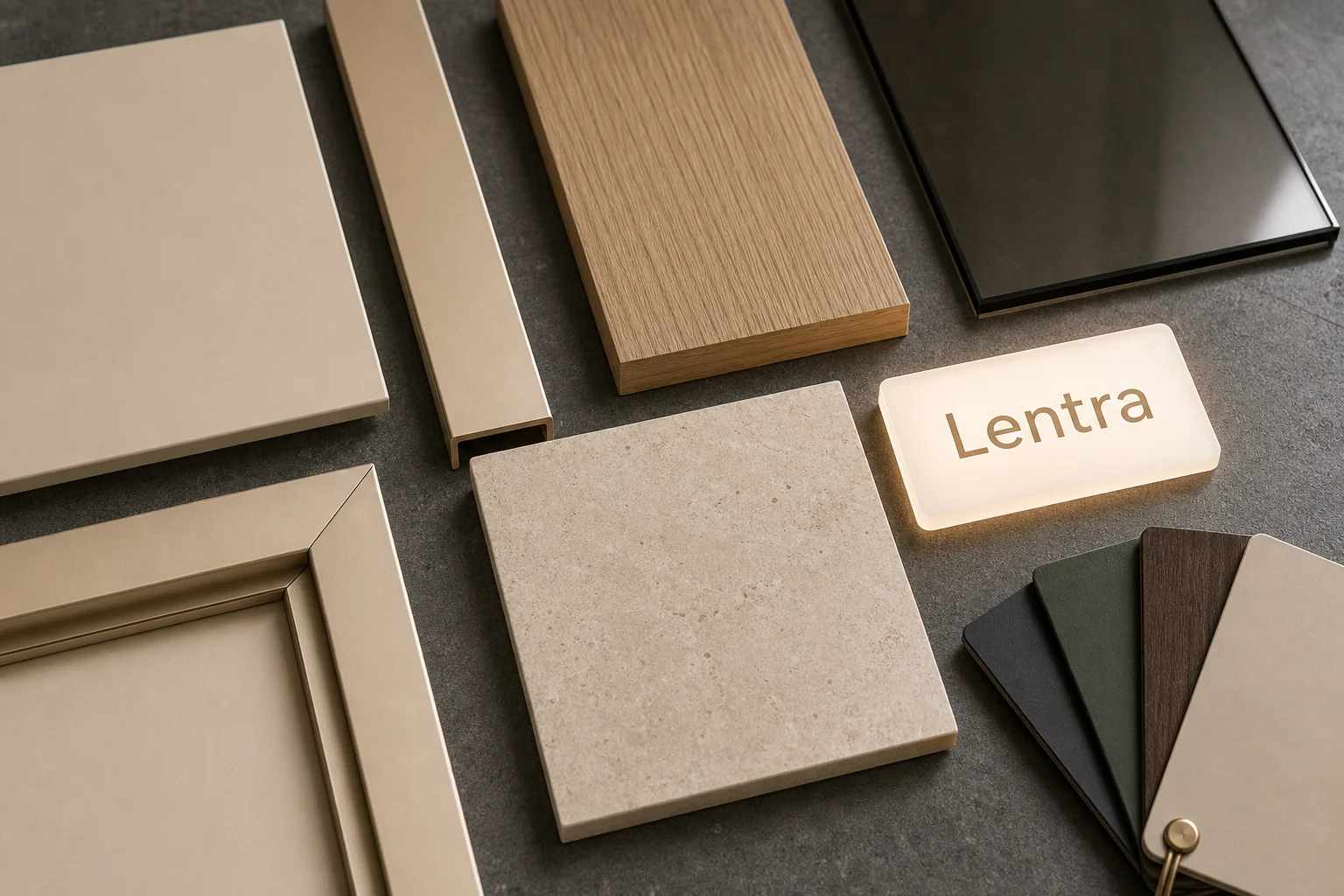 Lentra material board with warm ivory, champagne metal, oak, stone and smoked glass